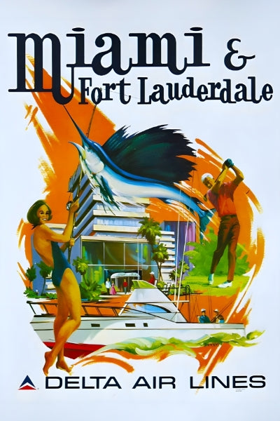 Travel Miami and Ft Lauderdale via Delta Airlines Remastered Poster Print - Postickers™ Poster Print